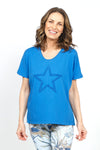 Organic Rags Fringe Star top in Royal.  V neck short sleeve top with textured fringe outline of star in front.  Rolled edge at neckline.  Relaxed fit._t_34910593253576