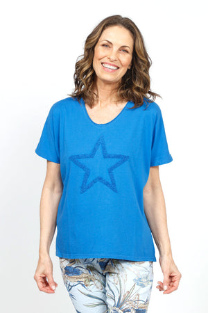 Organic Rags Fringe Star top in Royal.  V neck short sleeve top with textured fringe outline of star in front.  Rolled edge at neckline.  Relaxed fit._34910593253576