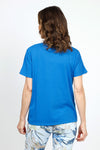 Organic Rags Fringe Star top in Royal. V neck short sleeve top with textured fringe outline of star in front. Rolled edge at neckline. Relaxed fit._t_34910593286344