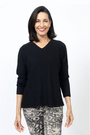 Organic Rags V Neck Easy Top in Black.  V neck dolman long sleeve sweater.  Side slits.  Relaxed fit._61183981846894