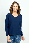 Organic Rags V Neck Easy Top in Navy.  V neck dolman long sleeve sweater.  Side slits.  Relaxed fit._t_52880745988462