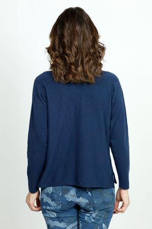 Organic Rags V Neck Easy Top in Navy.  V neck dolman long sleeve sweater.  Side slits.  Relaxed fit._52880746119534