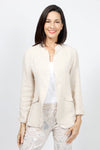 Organic Rags Fringed Linen Jacket in Taupe. Open front banded collar jacket. Long sleeves with elbow patch detail. Faux front flap pockets. Contour seams. Fringed edges at collar and hem._t_34995340181704