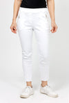 Organic Rags Raw Hem Pull On Pant in White.  Elastic waist pant.  2 front zip pockets with silver zipper trim.  Slim leg.  Raw hem.  Inseam: 27 1/2"_t_52912166797678