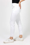 Organic Rags Raw Hem Pull On Pant in White.  Elastic waist pant.  2 front zip pockets with silver zipper trim.  Slim leg.  Raw hem.  Inseam: 27 1/2"_t_52912166830446
