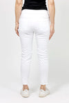Organic Rags Raw Hem Pull On Pant in White.  Elastic waist pant.  2 front zip pockets with silver zipper trim.  Slim leg.  Raw hem.  Inseam: 27 1/2"_t_52912166863214