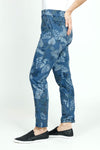 Organic Rags Multi Leaves Pant in Navy.  White, green and brown leaf print on a navy background.  Elastic pull on waist.  2 front slash pockets.  Lightly crinkled fabric.  27" inseam._t_52880899670382