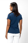 Organic Rags Double Star Tee with Pocket in Navy. Crew neck short sleeve tee with clear sequin breast pocket. 2 silver stars at pocket. Clear sequined hem detail in frontLinen front; cotton back and sleeves. Straight front hem, curved at back. Classic fit._t_34995384910024
