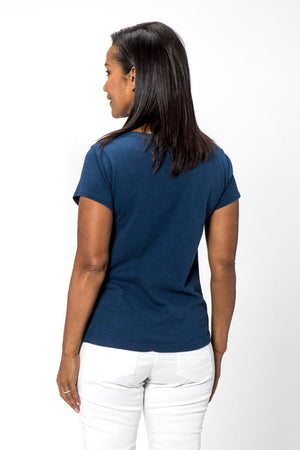 Organic Rags Double Star Tee with Pocket in Navy. Crew neck short sleeve tee with clear sequin breast pocket. 2 silver stars at pocket. Clear sequined hem detail in frontLinen front; cotton back and sleeves. Straight front hem, curved at back. Classic fit._34995384910024