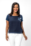 Organic Rags Double Star Tee with Pocket in Navy. Crew neck short sleeve tee with clear sequin breast pocket. 2 silver stars at pocket. Clear sequined hem detail in frontLinen front; cotton back and sleeves. Straight front hem, curved at back. Classic fit._t_34995384877256