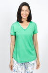 Organic Rags Happy V Neck Tee in Apple Green.  V neck short sleeve top with raw edge at banded neckline.  Slightly faded wash.  Smiley face embroidered at back neckline.  Relaxed fit._t_34960621142216