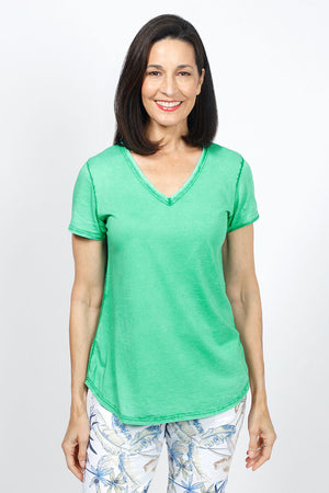 Organic Rags Happy V Neck Tee in Apple Green.  V neck short sleeve top with raw edge at banded neckline.  Slightly faded wash.  Smiley face embroidered at back neckline.  Relaxed fit._34960621142216