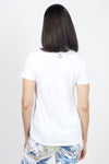 Organic Rags Happy V Neck Tee in White. V neck short sleeve top with raw edge at banded neckline. Slightly faded wash. Smiley face embroidered at back neckline. Relaxed fit._t_34960620945608