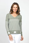 Ten Oh 8 Stripe & Star Sweater in Khaki with white stripes & stars.  V neck sweater with stripes in body and stars along hem and cuff.  Long sleeves.  Drop shoulders.  Narrow rib trim at hem and cuff.  Relaxed fit._t_34998528934088