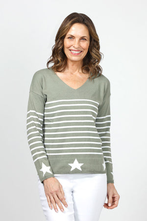 Ten Oh 8 Stripe & Star Sweater in Khaki with white stripes & stars.  V neck sweater with stripes in body and stars along hem and cuff.  Long sleeves.  Drop shoulders.  Narrow rib trim at hem and cuff.  Relaxed fit._34998528934088