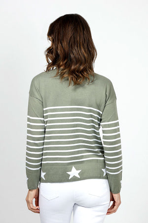 Ten Oh 8 Stripe & Star Sweater in Khaki with white stripes & stars. V neck sweater with stripes in body and stars along hem and cuff. Long sleeves. Drop shoulders. Narrow rib trim at hem and cuff. Relaxed fit._34998528966856