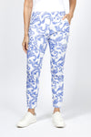 Organic Rags Damask Print Pant in Royal.  Scroll print on a white background.  Elastic waist pull on pant with 2 slash pockets.  No wrinkle pre crinkled fabric.  Slim through leg.  Convertible hem.  27" inseam._t_34960586440904