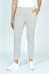 Organic Rags Striped Crop Pant in Olive with white stripes.  Pull on elastic waist pant with 2 front slash pockets and 2 rear patch pockets.  Crinkled stretch fabric.  24 1/2" inseam.  _t_52915092586862