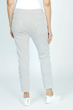Organic Rags Striped Crop Pant in Olive with white stripes.  Pull on elastic waist pant with 2 front slash pockets and 2 rear patch pockets.  Crinkled stretch fabric.  24 1/2" inseam._52915092521326