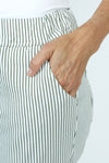 Organic Rags Striped Crop Pant in Olive with white stripes.  Pull on elastic waist pant with 2 front slash pockets and 2 rear patch pockets.  Crinkled stretch fabric.  24 1/2" inseam._t_52915092455790