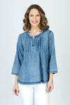 Organic Rags Roll Tab Sleeve Top in Navy.  Modified scoop neck with 2 button placket and pin tucks at front neckline.  3/4 sleeve with roll button tab.  High low hem.  Relaxed fit._t_59972845732206