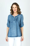 Organic Rags Roll Tab Sleeve Top in Navy.  Modified scoop neck with 2 button placket and pin tucks at front neckline.  3/4 sleeve with roll button tab.  High low hem.  Relaxed fit._t_59972845633902