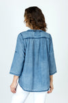Organic Rags Roll Tab Sleeve Top in Navy.  Modified scoop neck with 2 button placket and pin tucks at front neckline.  3/4 sleeve with roll button tab.  High low hem.  Relaxed fit._t_59972845601134