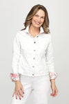 Organic Rags Reversible Floral Jacket in Pink/White/Green  Pink and green large floral print on white. Reverses to solid off-white with subtle floral underprint.  Pointed collar button down jacket.  Long sleeves with button cuffs.  Double contour front seams.  Banded hem.  2 front patch pockets.  Back yoke and contour seams.  Relaxed fit._t_60671331107182