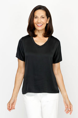 Lolo Luxe Washable Silk Tee in Black.  Banded v neck short sleeve tee.  A line shape.  Relaxed fit._61251877896558