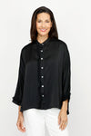 Lolo Luxe Washable Silk Button Down in Black.  Banded crew neck button down with 3/4 sleeve and cuff.  Fringed chiffon raw edge trim at right placket and on cuff.  High low hem.  Relaxed fit._t_61251999629678