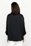 Lolo Luxe Washable Silk Button Down in Black.  Banded crew neck button down with 3/4 sleeve and cuff.  Fringed chiffon raw edge trim at right placket and on cuff.  High low hem.  Relaxed fit._t_61251999662446