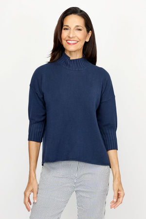 Organic Rags Mock Turtleneck Sweater in Navy.  Soft knit mock ribbed turtleneck with 3/4 sleeve and deep rib cuff.  Relaxed fit._61201161748846