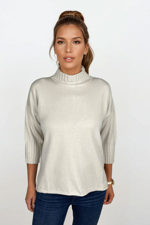 Organic Rags Mock Turtleneck Sweater in Sand.  Soft knit mock ribbed turtleneck with 3/4 sleeve and deep rib cuff.  Relaxed fit._61269324857710