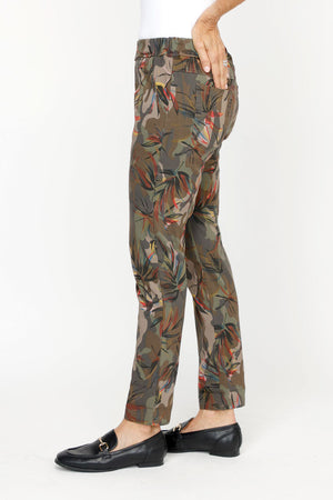 Organic Rags Palm Print Pant in Sand.  Abstract palm print.  Elastic waist pull on pant with 2 front slash pockets and 2 rear patch pockets.  Ankle length - 28 1/2" inseam.  Slim relaxed leg._61201163780462