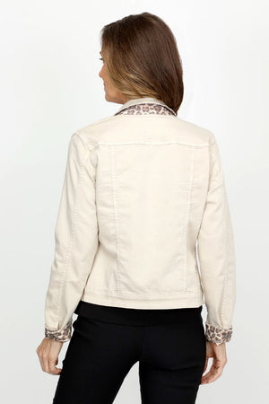 Organic Rags Reversible Leopard Jacket in Sand.  Leopard print reverses to solid sand.  Completely reversible.  Pointed collar button down jean jacket with long sleeves and button cuffs.  Contour seaming and patch pockets.  Banded hem.  Classic fit.  _61384988197230