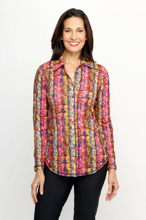 Sno Skins Crinkle Print Shirt in Collage.  Pink and multi color abstract vertical striping.  Pointed collar button down with long sleeves.  Shirt tail hem.   Crinkle fabric.  Relaxed fit._61516752716142