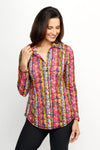 Sno Skins Crinkle Print Shirt in Collage.  Pink and multi color abstract vertical striping.  Pointed collar button down with long sleeves.  Shirt tail hem.   Crinkle fabric.  Relaxed fit._t_61516752748910