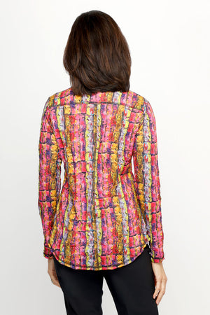 Sno Skins Crinkle Print Shirt in Collage.  Pink and multi color abstract vertical striping.  Pointed collar button down with long sleeves.  Shirt tail hem.   Crinkle fabric.  Relaxed fit._61516752781678