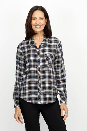 Elliott Lauren Mad for Plaid Blouse in Black, Taupe & Gray.  Soft flannel button down with pointed collar. Long sleeves with button cuff.  Bias plaid on placket, front patch pocket and cuff.  Back bias plaid yoke with inverted pleat.  Shirt tail hem.  Relaxed fit._61404261581166