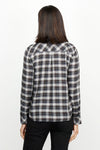 Elliott Lauren Mad for Plaid Blouse in Black, Taupe & Gray.  Soft flannel button down with pointed collar. Long sleeves with button cuff.  Bias plaid on placket, front patch pocket and cuff.  Back bias plaid yoke with inverted pleat.  Shirt tail hem.  Relaxed fit._t_61404261613934