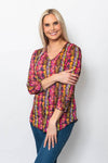 Sno Skins Crinkle Print V Neck Top in Collage.  Pink and multi colored abstract vertical print.  V neck crinkle top with 3/4 sleeves.  Sewn edges.  Relaxed fit._t_61516782895470