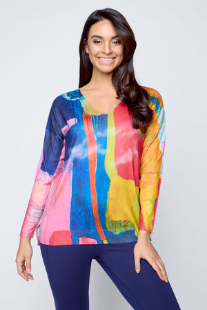Claire Desjardins Home Run V Neck Sweater.  Bright multi abstract print.  V neck ling sleeve knit with rib trim at hem and cuff.  Relaxed fit._34619175731400