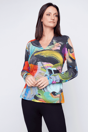 Claire Desjardins Winter Bouquet V neck Top.  Bright swirl floral print.  High v neck with long sleeves.  A line shape.  Relaxed fit._34516595081416