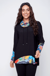 Claire Desjardins Winter Bouquet Cowl Neck Top.  Bright abstract floral bouquet print.  Cowl neck long sleeve top.  Double layer with bottom print and black overlay.  Top piece is shorter than lower piece.  Split in half in back to reveal underneath print.  Drawstring cowl.  Relaxed fit._t_34516571914440