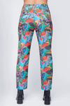 Claire Desjardins Winter Bouquet Printed Denim Jean. Bright multi colored abstract swirl print. 5 pocket jean with button and zipper closure. Straight leg jean. 28" inseam_t_34518539796680