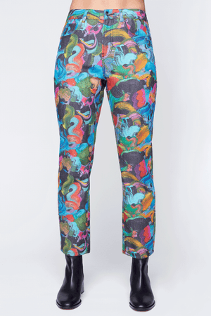 Claire Desjardins Winter Bouquet Printed Denim Jean.  Bright multi colored abstract swirl print.  5 pocket jean with button and zipper closure.  Straight leg jean.  28" inseam._34518539763912