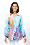 Claire Desjardins This Side of Home Pin Tuck Blouse.  Purple and blue multi abstract print.  Pointed collar button down blouse with pin tuck detail in front.  Long sleeves with button cuff.  Plain back.  Relaxed fit._t_35182655340744