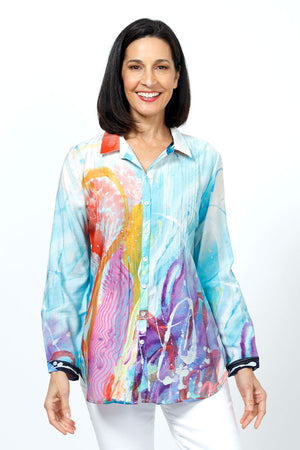 Claire Desjardins This Side of Home Pin Tuck Blouse.  Purple and blue multi abstract print.  Pointed collar button down blouse with pin tuck detail in front.  Long sleeves with button cuff.  Plain back.  Relaxed fit._35182655340744