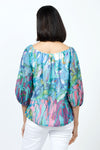 Claire Desjardins So Much Garden Off the Shoulder Top. Multi colored abstract floral print. Elastic scoop neck top with 3/4 length sleeve with elastic cuff. Lined through body; sheer sleeves. Swiss dotted fabric. Relaxed fit._t_35182909980872