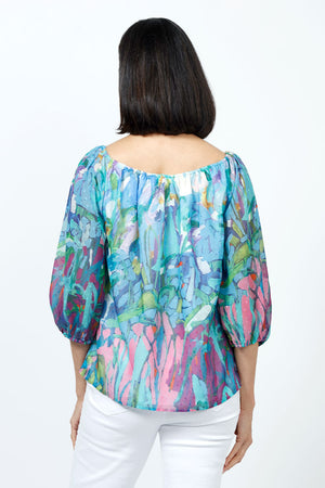 Claire Desjardins So Much Garden Off the Shoulder Top. Multi colored abstract floral print. Elastic scoop neck top with 3/4 length sleeve with elastic cuff. Lined through body; sheer sleeves. Swiss dotted fabric. Relaxed fit._35182909980872